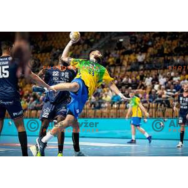 Stefan Zabic in action during EHF Champions League handball match between Celje Pivovarna Lasko and Montpellier in Zlatorog Arena, Celje, Slovenia on October 11, 2023