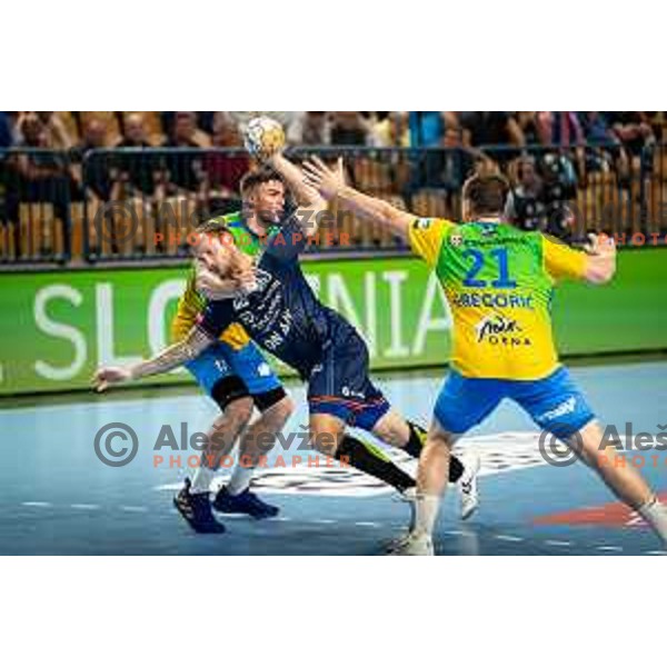 in action during EHF Champions League handball match between Celje Pivovarna Lasko and Montpellier in Zlatorog Arena, Celje, Slovenia on October 11, 2023