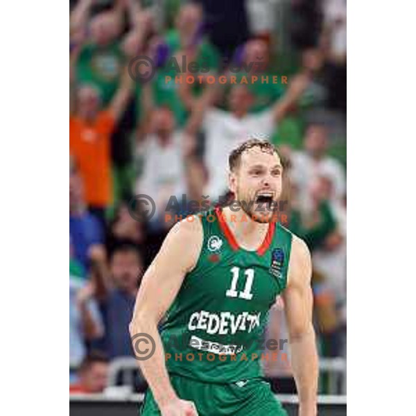 Jaka Blazic in action during BKT EuroCup 2023-2024 regular season basketball match between Cedevita Olimpija (SLO) and Juventut Badalona (ESP) in Ljubljana, Slovenia on October 11, 2023 