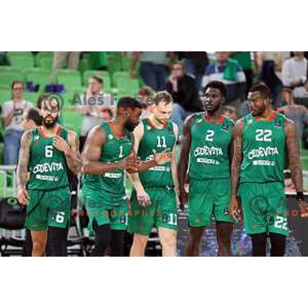 Justin Cobbs and Jaka Blazic in action during BKT EuroCup 2023-2024 regular season basketball match between Cedevita Olimpija (SLO) and Juventut Badalona (ESP) in Ljubljana, Slovenia on October 11, 2023 