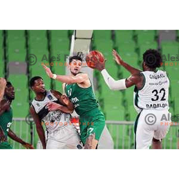 in action during BKT EuroCup 2023-2024 regular season basketball match between Cedevita Olimpija (SLO) and Juventut Badalona (ESP) in Ljubljana, Slovenia on October 11, 2023