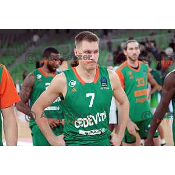 in action during BKT EuroCup 2023-2024 regular season basketball match between Cedevita Olimpija (SLO) and Juventut Badalona (ESP) in Ljubljana, Slovenia on October 11, 2023