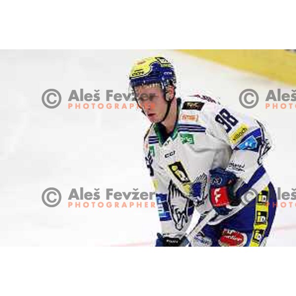 Blaz Tomazevic in action during IceHL match between SZ Olimpija and VSV in Tivoli Hall, Ljubljana, Slovenia on October 13, 2023