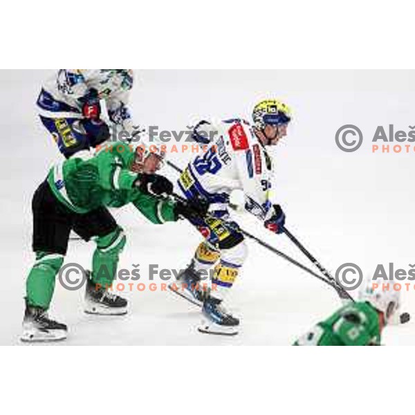 Blaz Tomazevic in action during IceHL match between SZ Olimpija and VSV in Tivoli Hall, Ljubljana, Slovenia on October 13, 2023