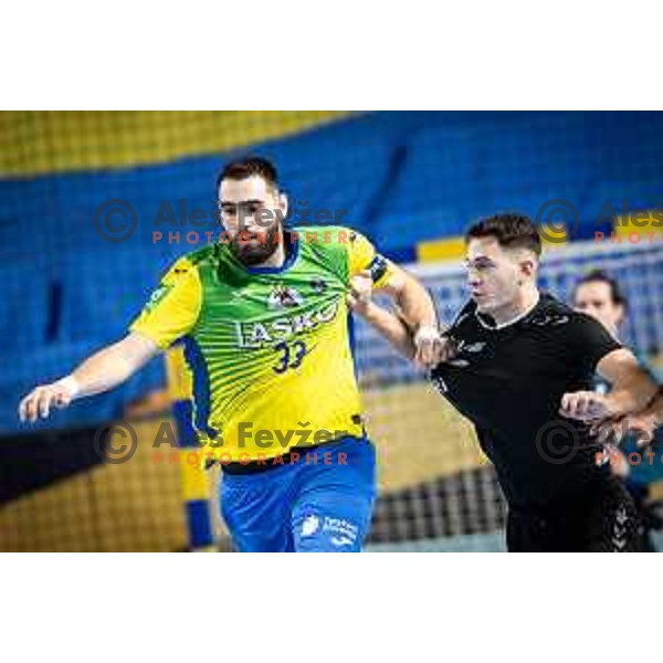 in action during 1.NLB league handball match between Celje Pivovarna Lasko and Gorenje Velenje in Dvorana Zlatorog, Celje, Slovenia on October 14, 2023. Photo: Jure Banfi