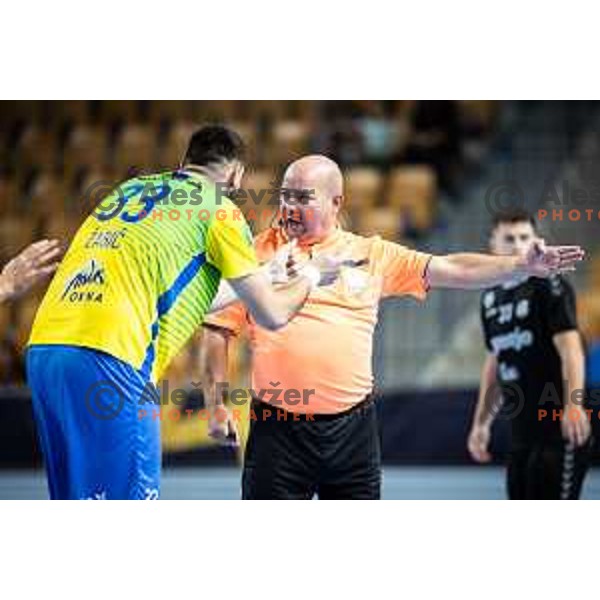 in action during 1.NLB league handball match between Celje Pivovarna Lasko and Gorenje Velenje in Dvorana Zlatorog, Celje, Slovenia on October 14, 2023. Photo: Jure Banfi