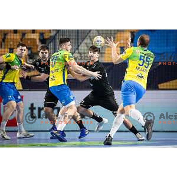 in action during 1.NLB league handball match between Celje Pivovarna Lasko and Gorenje Velenje in Dvorana Zlatorog, Celje, Slovenia on October 14, 2023. Photo: Jure Banfi