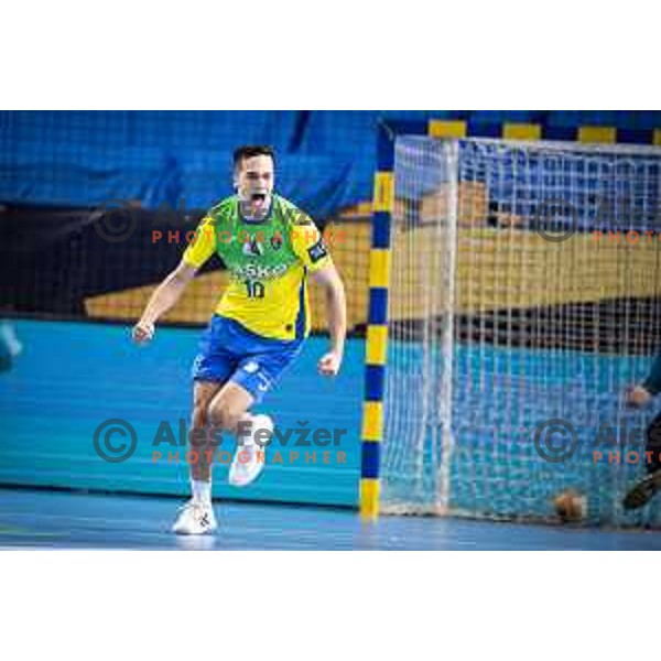 Tim Cokan celebrating during 1.NLB league handball match between Celje Pivovarna Lasko and Gorenje Velenje in Dvorana Zlatorog, Celje, Slovenia on October 14, 2023. Photo: Jure Banfi