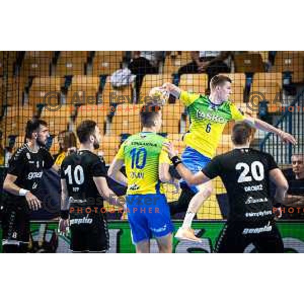 Tadej Mazej in action during 1.NLB league handball match between Celje Pivovarna Lasko and Gorenje Velenje in Dvorana Zlatorog, Celje, Slovenia on October 14, 2023. Photo: Jure Banfi