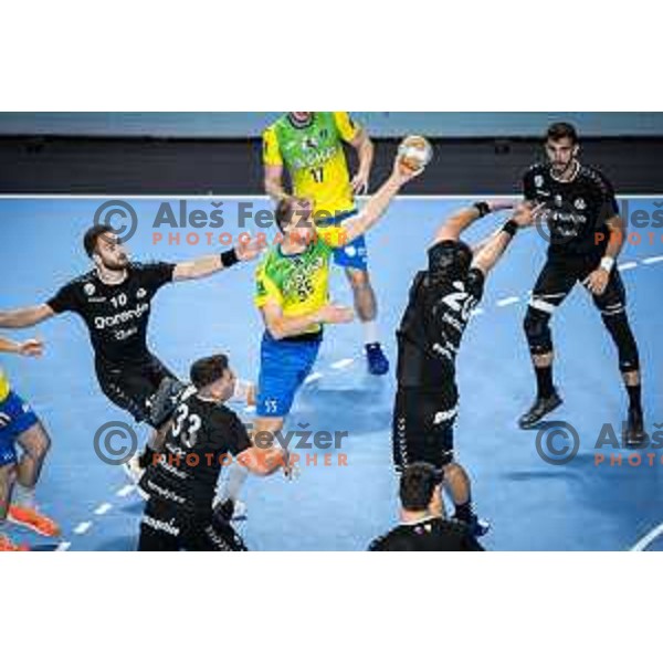 Ziga Mlakar in action during 1.NLB league handball match between Celje Pivovarna Lasko and Gorenje Velenje in Dvorana Zlatorog, Celje, Slovenia on October 14, 2023. Photo: Jure Banfi