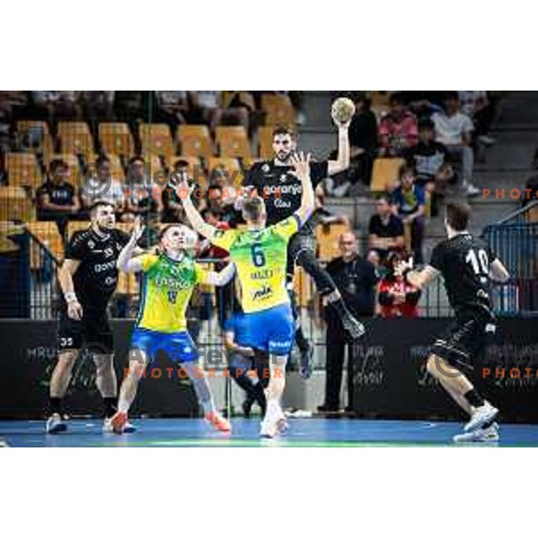 Ibrahim Haseljic in action during 1.NLB league handball match between Celje Pivovarna Lasko and Gorenje Velenje in Dvorana Zlatorog, Celje, Slovenia on October 14, 2023. Photo: Jure Banfi