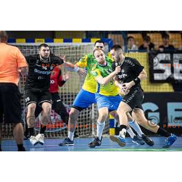 in action during 1.NLB league handball match between Celje Pivovarna Lasko and Gorenje Velenje in Dvorana Zlatorog, Celje, Slovenia on October 14, 2023. Photo: Jure Banfi