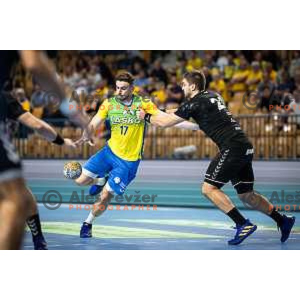 Ante Ivankovic in action during 1.NLB league handball match between Celje Pivovarna Lasko and Gorenje Velenje in Dvorana Zlatorog, Celje, Slovenia on October 14, 2023. Photo: Jure Banfi