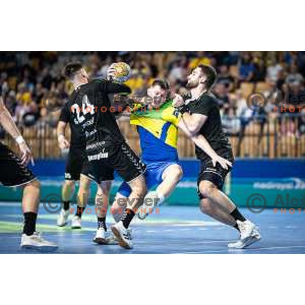 Leon Gregoric in action during 1.NLB league handball match between Celje Pivovarna Lasko and Gorenje Velenje in Dvorana Zlatorog, Celje, Slovenia on October 14, 2023. Photo: Jure Banfi