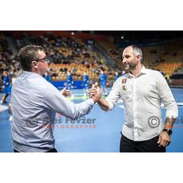 Zoran Jovicic, head coach of Gorenje Velenje and Alem Toskic, head coach of Celje PL during 1.NLB league handball match between Celje Pivovarna Lasko and Gorenje Velenje in Dvorana Zlatorog, Celje, Slovenia on October 14, 2023. Photo: Jure Banfi