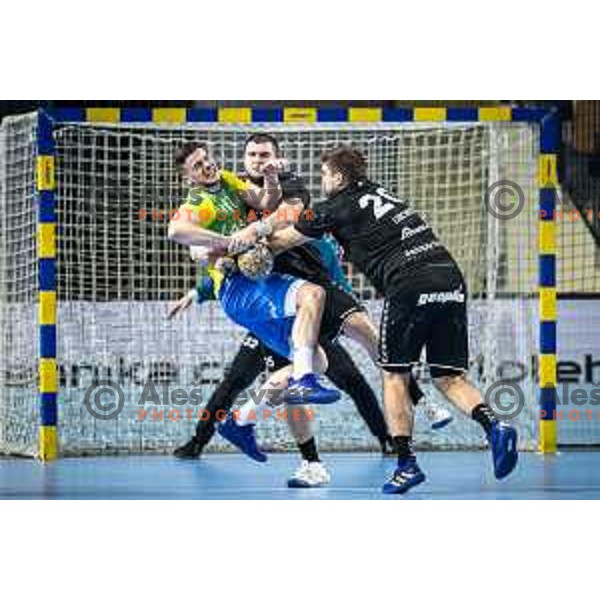 Ante Ivankovic vs Branko Predovic in action during 1.NLB league handball match between Celje Pivovarna Lasko and Gorenje Velenje in Dvorana Zlatorog, Celje, Slovenia on October 14, 2023. Photo: Jure Banfi