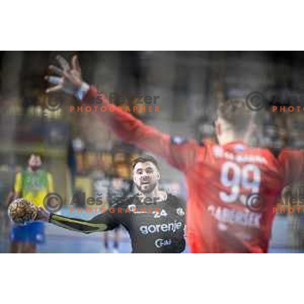 Tilen Sokolic in action during 1.NLB league handball match between Celje Pivovarna Lasko and Gorenje Velenje in Dvorana Zlatorog, Celje, Slovenia on October 14, 2023. Photo: Jure Banfi