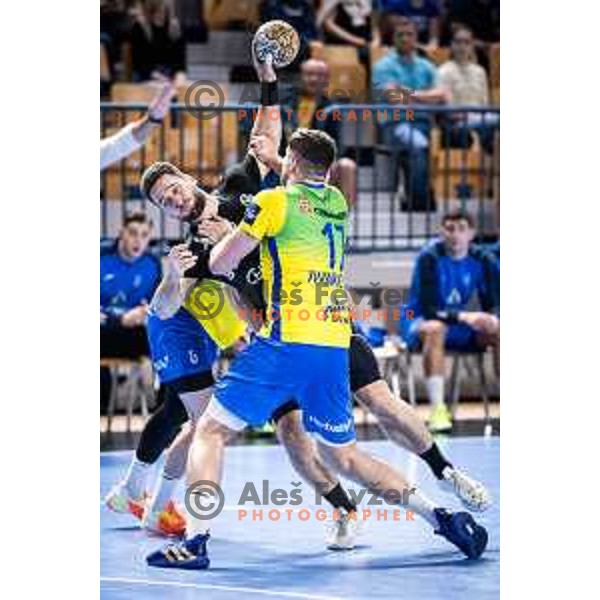 Urban Pipp in action during 1.NLB league handball match between Celje Pivovarna Lasko and Gorenje Velenje in Dvorana Zlatorog, Celje, Slovenia on October 14, 2023. Photo: Jure Banfi