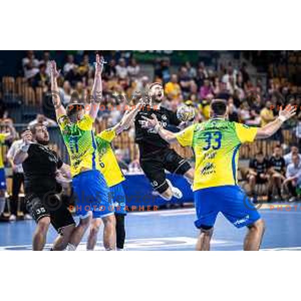 Urban Pipp in action during 1.NLB league handball match between Celje Pivovarna Lasko and Gorenje Velenje in Dvorana Zlatorog, Celje, Slovenia on October 14, 2023. Photo: Jure Banfi