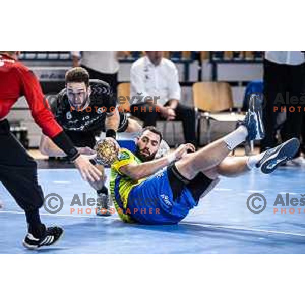 Urban Pipp in action during 1.NLB league handball match between Celje Pivovarna Lasko and Gorenje Velenje in Dvorana Zlatorog, Celje, Slovenia on October 14, 2023. Photo: Jure Banfi