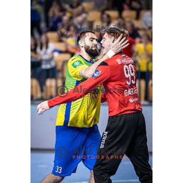 Stefan Zabic and Gal Gabersek celebrating during 1.NLB league handball match between Celje Pivovarna Lasko and Gorenje Velenje in Dvorana Zlatorog, Celje, Slovenia on October 14, 2023. Photo: Jure Banfi