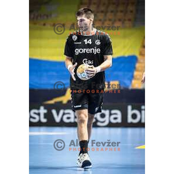 Goti Maricic in action during 1.NLB league handball match between Celje Pivovarna Lasko and Gorenje Velenje in Dvorana Zlatorog, Celje, Slovenia on October 14, 2023. Photo: Jure Banfi