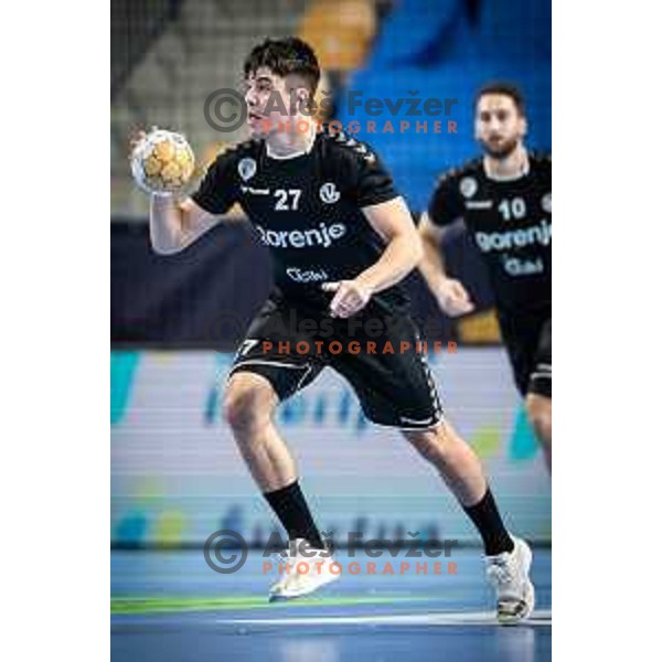 Peter Sisko in action during 1.NLB league handball match between Celje Pivovarna Lasko and Gorenje Velenje in Dvorana Zlatorog, Celje, Slovenia on October 14, 2023. Photo: Jure Banfi