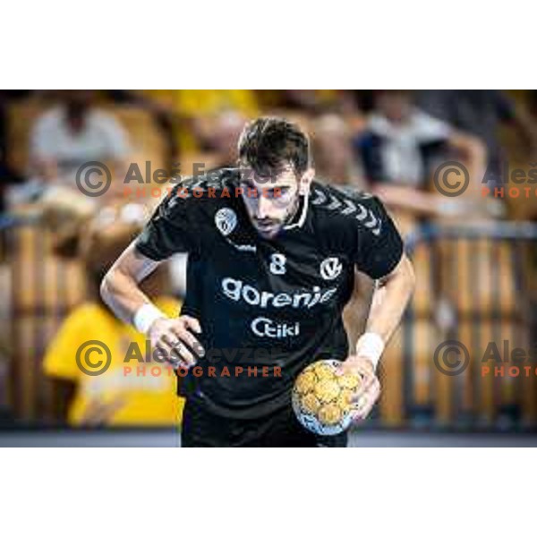 Ibrahim Haseljic in action during 1.NLB league handball match between Celje Pivovarna Lasko and Gorenje Velenje in Dvorana Zlatorog, Celje, Slovenia on October 14, 2023. Photo: Jure Banfi