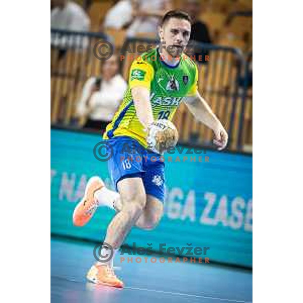 Mitja Janc in action during 1.NLB league handball match between Celje Pivovarna Lasko and Gorenje Velenje in Dvorana Zlatorog, Celje, Slovenia on October 14, 2023. Photo: Jure Banfi