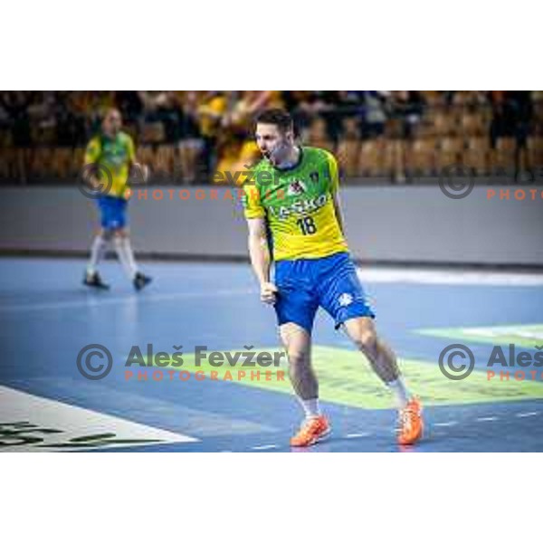 Mitja Janc celebrating during 1.NLB league handball match between Celje Pivovarna Lasko and Gorenje Velenje in Dvorana Zlatorog, Celje, Slovenia on October 14, 2023. Photo: Jure Banfi