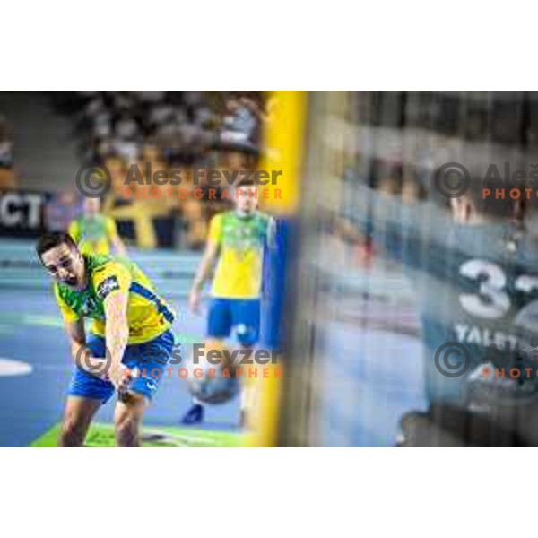 Tim Cokan in action during 1.NLB league handball match between Celje Pivovarna Lasko and Gorenje Velenje in Dvorana Zlatorog, Celje, Slovenia on October 14, 2023. Photo: Jure Banfi