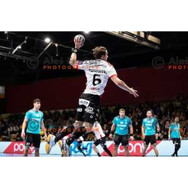 in action during EHF European league match between Gorenje Velenje and Pfadi Winterthur in Velenje, Slovenia on October 17, 2023.