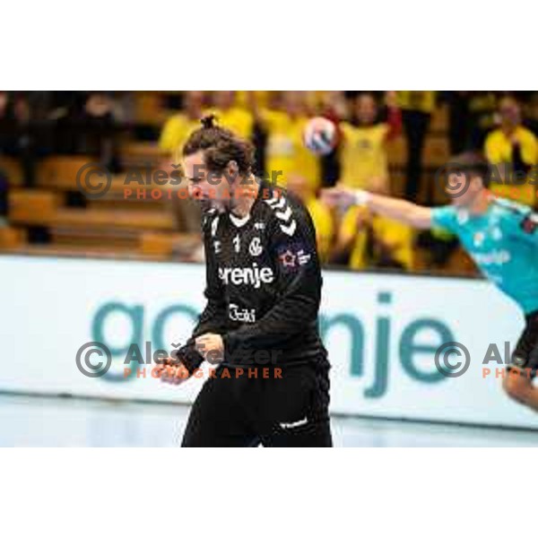 Matevz Skok in action during EHF European league match between Gorenje Velenje and Pfadi Winterthur in Velenje, Slovenia on October 17, 2023.