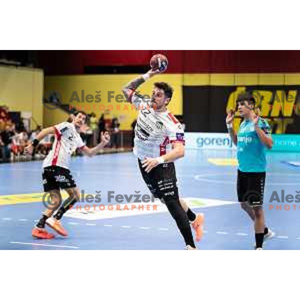 in action during EHF European league match between Gorenje Velenje and Pfadi Winterthur in Velenje, Slovenia on October 17, 2023.