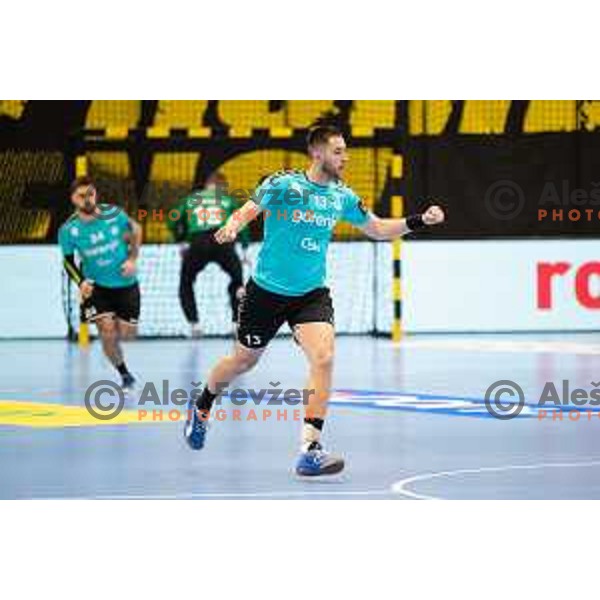 Tarik Velic in action during EHF European league match between Gorenje Velenje and Pfadi Winterthur in Velenje, Slovenia on October 17, 2023.