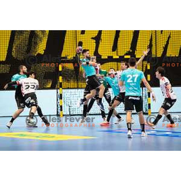 Tilen Sokolic in action during EHF European league match between Gorenje Velenje and Pfadi Winterthur in Velenje, Slovenia on October 17, 2023.