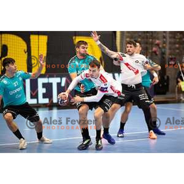 Jernej Drobez in action during EHF European league match between Gorenje Velenje and Pfadi Winterthur in Velenje, Slovenia on October 17, 2023.