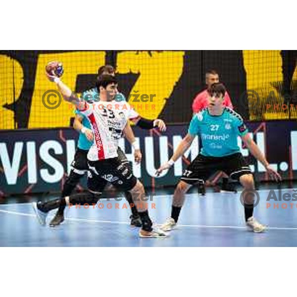 in action during EHF European league match between Gorenje Velenje and Pfadi Winterthur in Velenje, Slovenia on October 17, 2023.