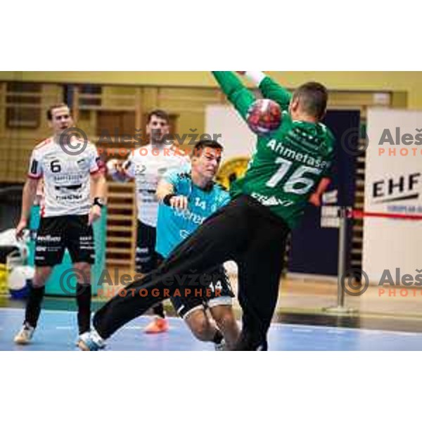 Goti Maricic in action during EHF European league match between Gorenje Velenje and Pfadi Winterthur in Velenje, Slovenia on October 17, 2023.