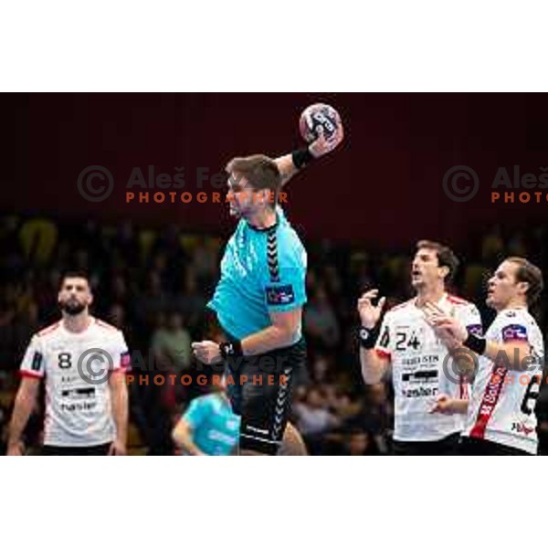 Jernej Drobez in action during EHF European league match between Gorenje Velenje and Pfadi Winterthur in Velenje, Slovenia on October 17, 2023.