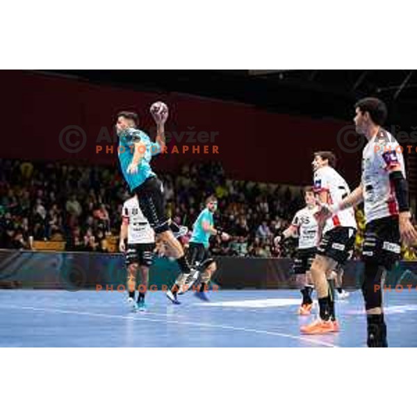 Enej Jovicic Slatinek in action during EHF European league match between Gorenje Velenje and Pfadi Winterthur in Velenje, Slovenia on October 17, 2023.