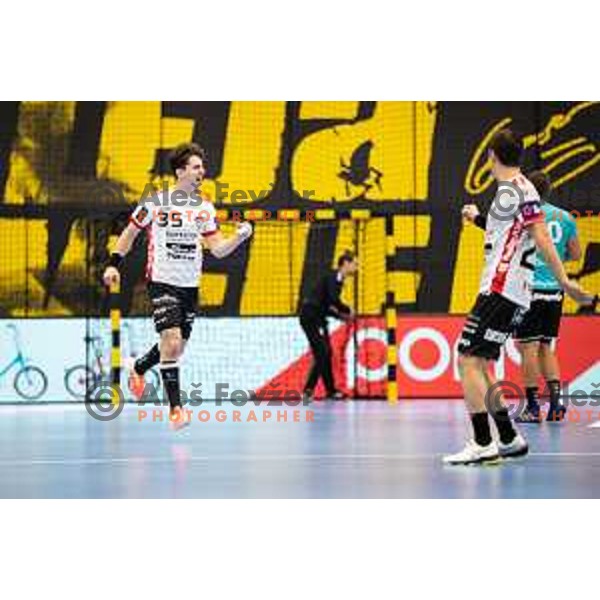 in action during EHF European league match between Gorenje Velenje and Pfadi Winterthur in Velenje, Slovenia on October 17, 2023.