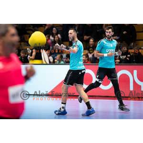 Tarik Velic in action during EHF European league match between Gorenje Velenje and Pfadi Winterthur in Velenje, Slovenia on October 17, 2023.