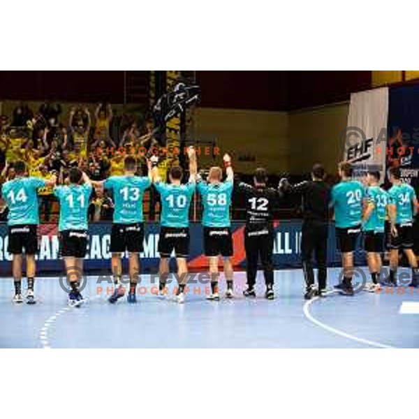 Gorenje players celebrating after EHF European league match between Gorenje Velenje and Pfadi Winterthur in Velenje, Slovenia on October 17, 2023.