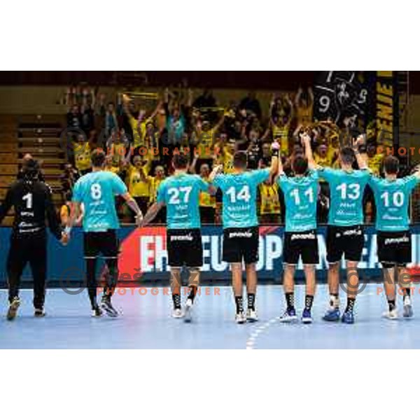 Gorenje players celebrating after EHF European league match between Gorenje Velenje and Pfadi Winterthur in Velenje, Slovenia on October 17, 2023.