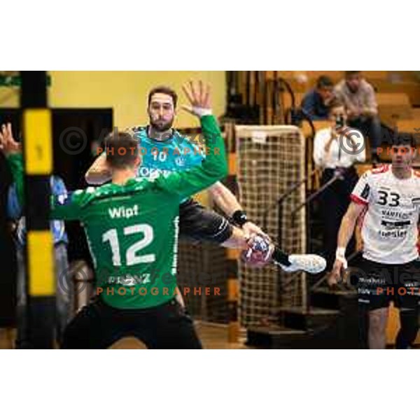 Urban Pipp in action during EHF European league match between Gorenje Velenje and Pfadi Winterthur in Velenje, Slovenia on October 17, 2023.