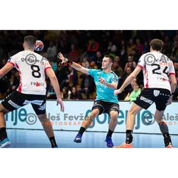 Tarik Mlivic in action during EHF European league match between Gorenje Velenje and Pfadi Winterthur in Velenje, Slovenia on October 17, 2023.