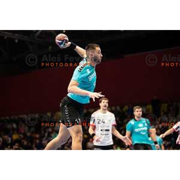 Tarik Velic in action during EHF European league match between Gorenje Velenje and Pfadi Winterthur in Velenje, Slovenia on October 17, 2023.