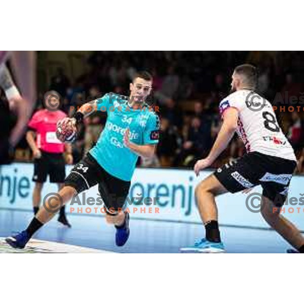 Tarik Mlivic in action during EHF European league match between Gorenje Velenje and Pfadi Winterthur in Velenje, Slovenia on October 17, 2023.