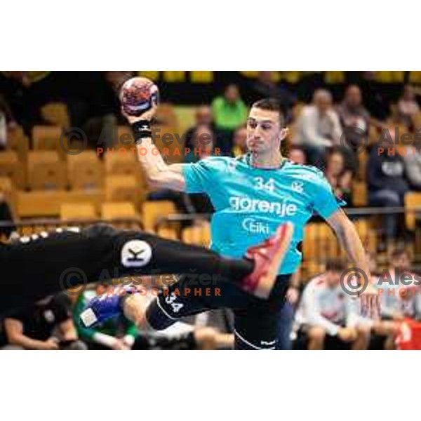 Tarik Mlivic in action during EHF European league match between Gorenje Velenje and Pfadi Winterthur in Velenje, Slovenia on October 17, 2023.